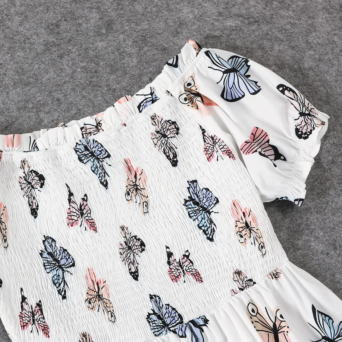 Family Matching Allover Butterfly Print Off Shoulder Puff-sleeve Shirred Dresses and Short-sleeve Denim Shirts Sets White big image 1
