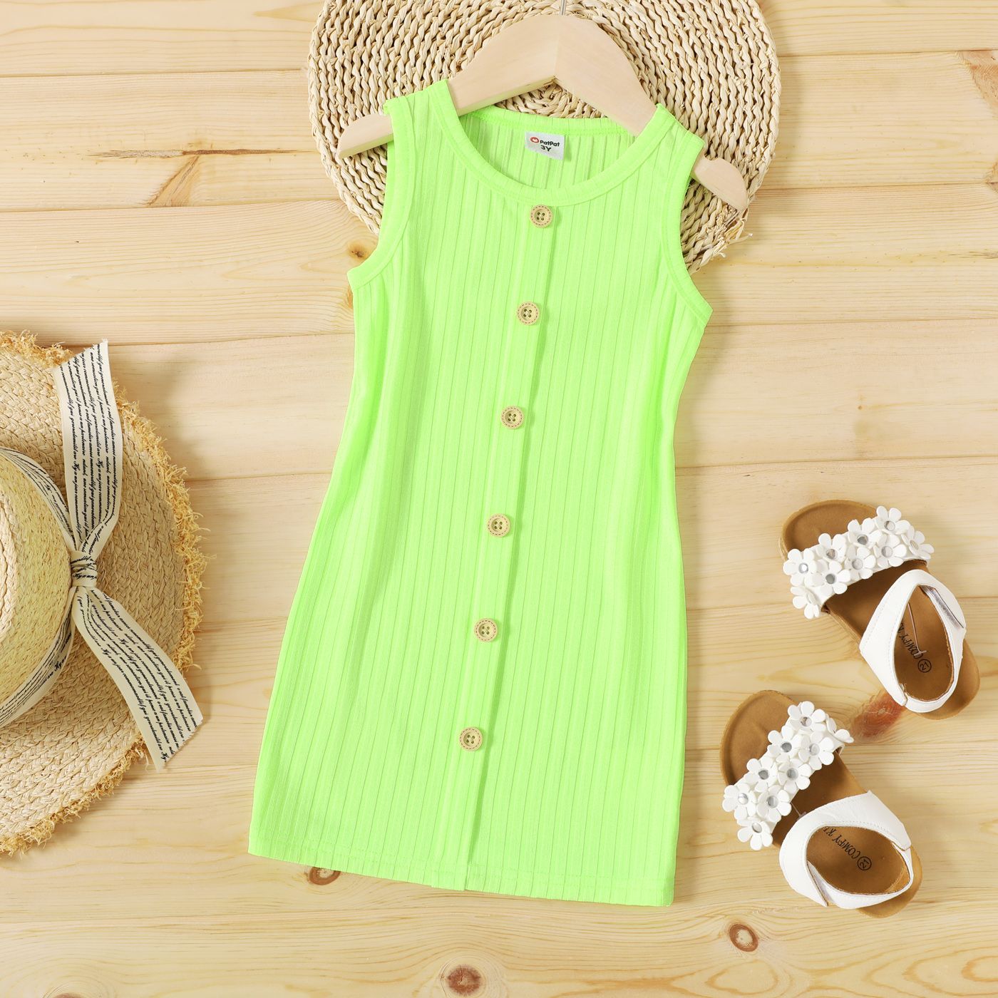 

Toddler Girl Button Design Ribbed Solid Color Sleeveless Dress