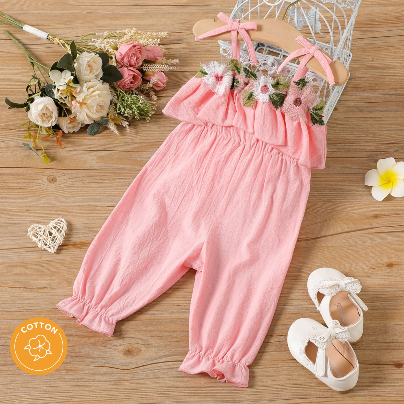 

100% Cotton Baby Girl Floral Embroidered Flounce Cami Jumpsuit