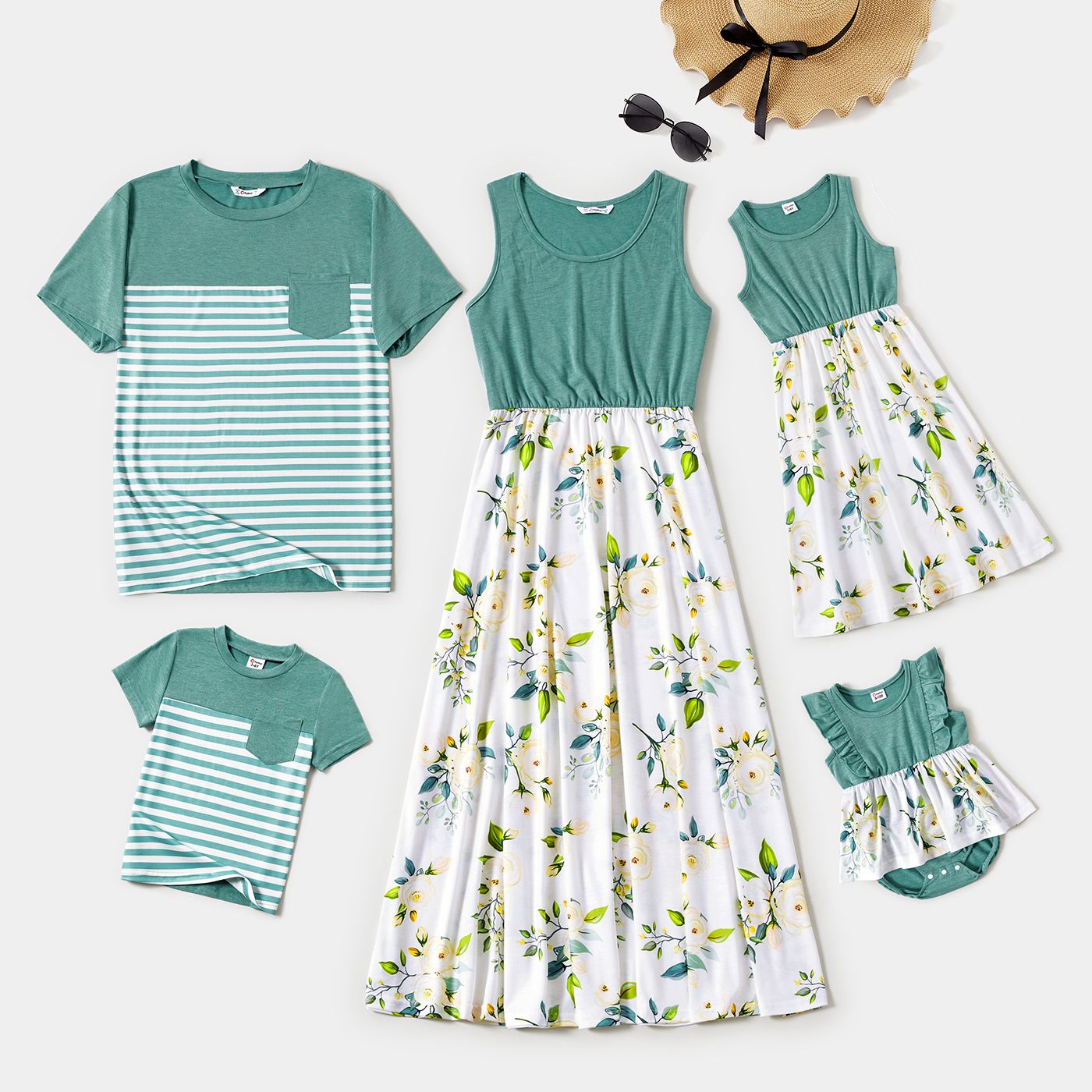 

Family Matching Solid Spliced Floral Print Tank Dresses and Short-sleeve Striped T-shirts Sets