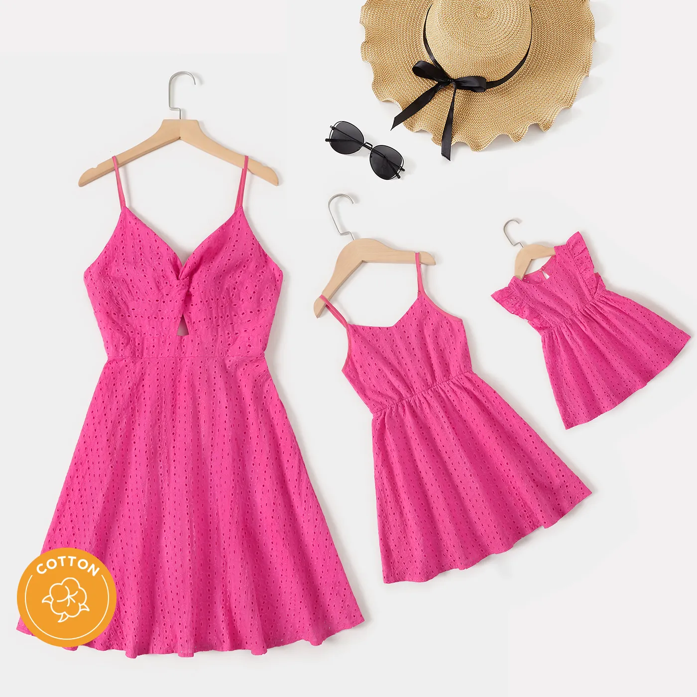 100% Cotton Hot Pink Eyelet Embroidered Cami Dress for Mom and Me