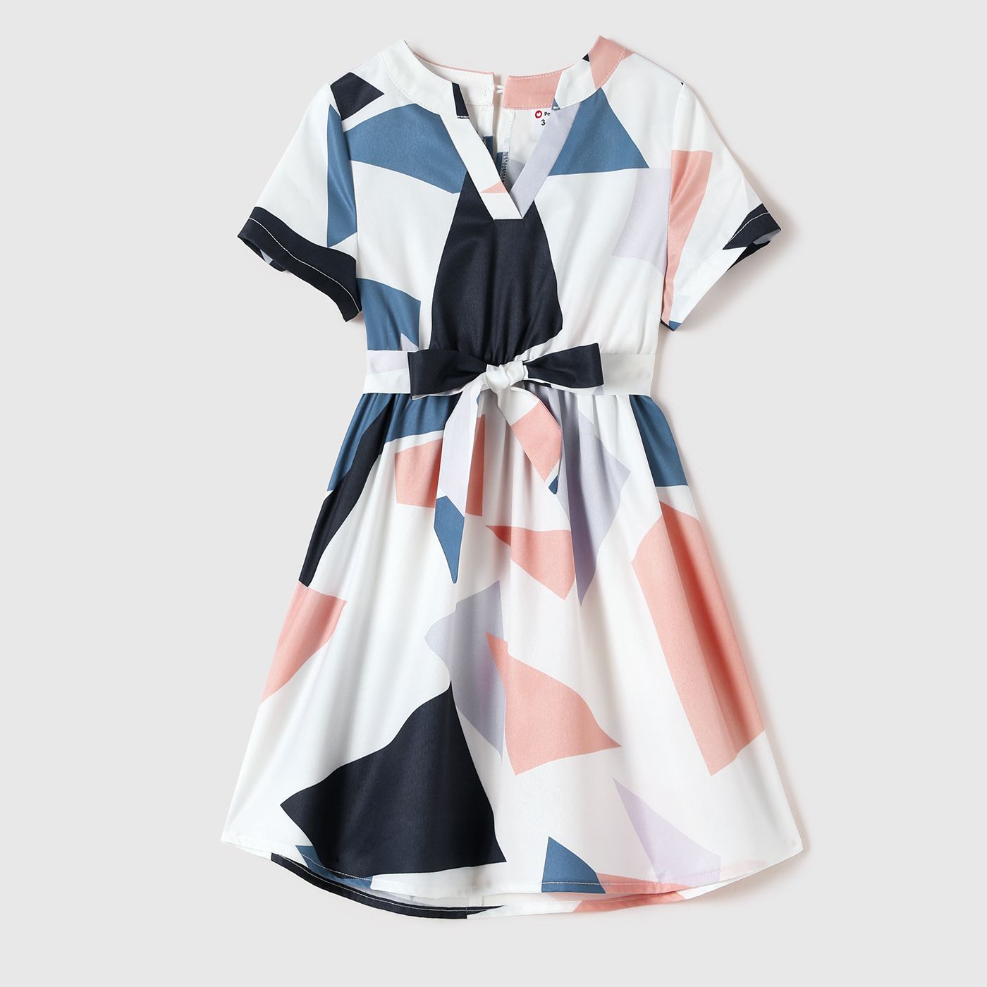 Family Matching Allover Geo Print V Neck Belted Short-sleeve Dresses And Colorblock T-shirts Sets