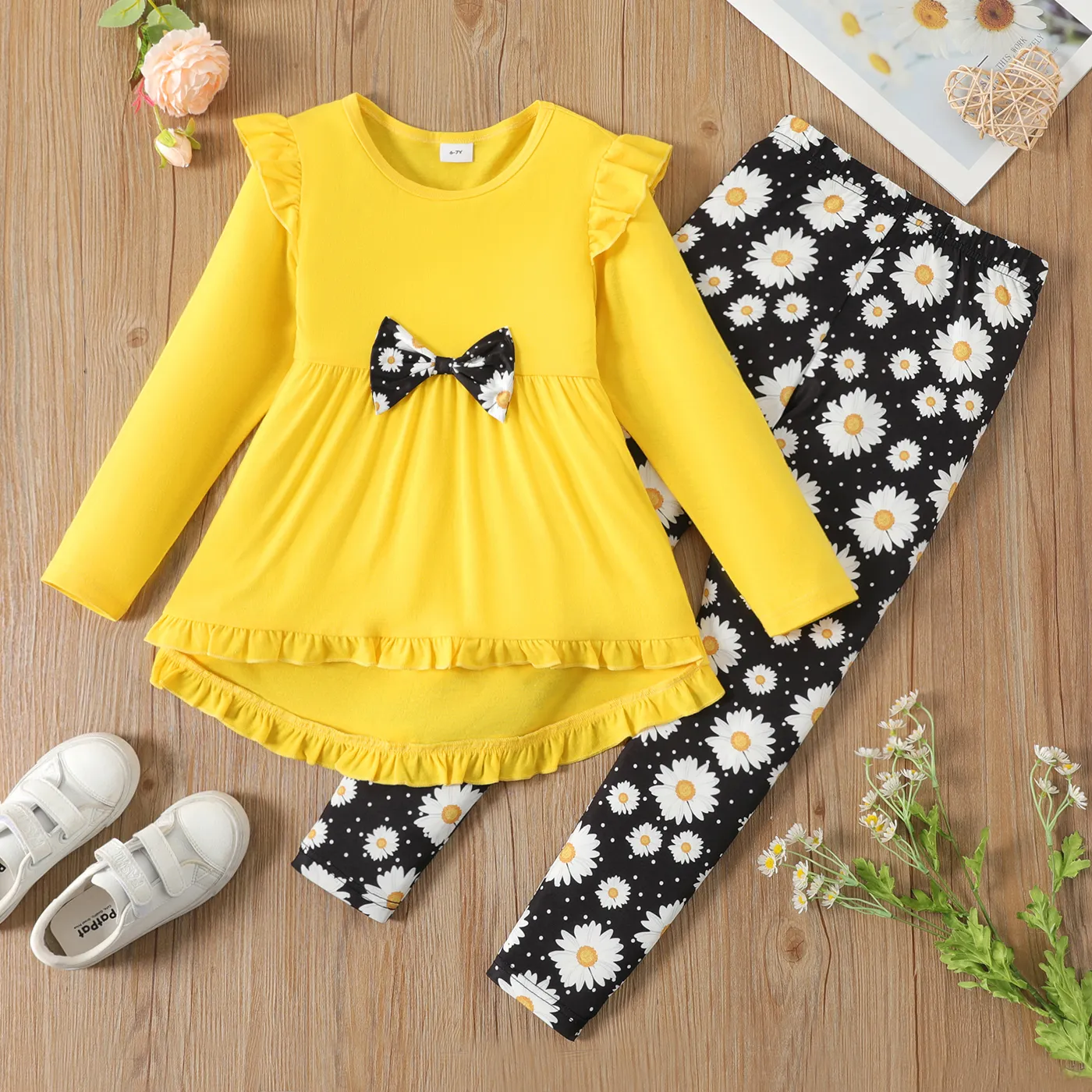 2pcs Kid Girl Ruffled Bowknot Design High Low Long-sleeve Tee and Floral Print Leggings Set