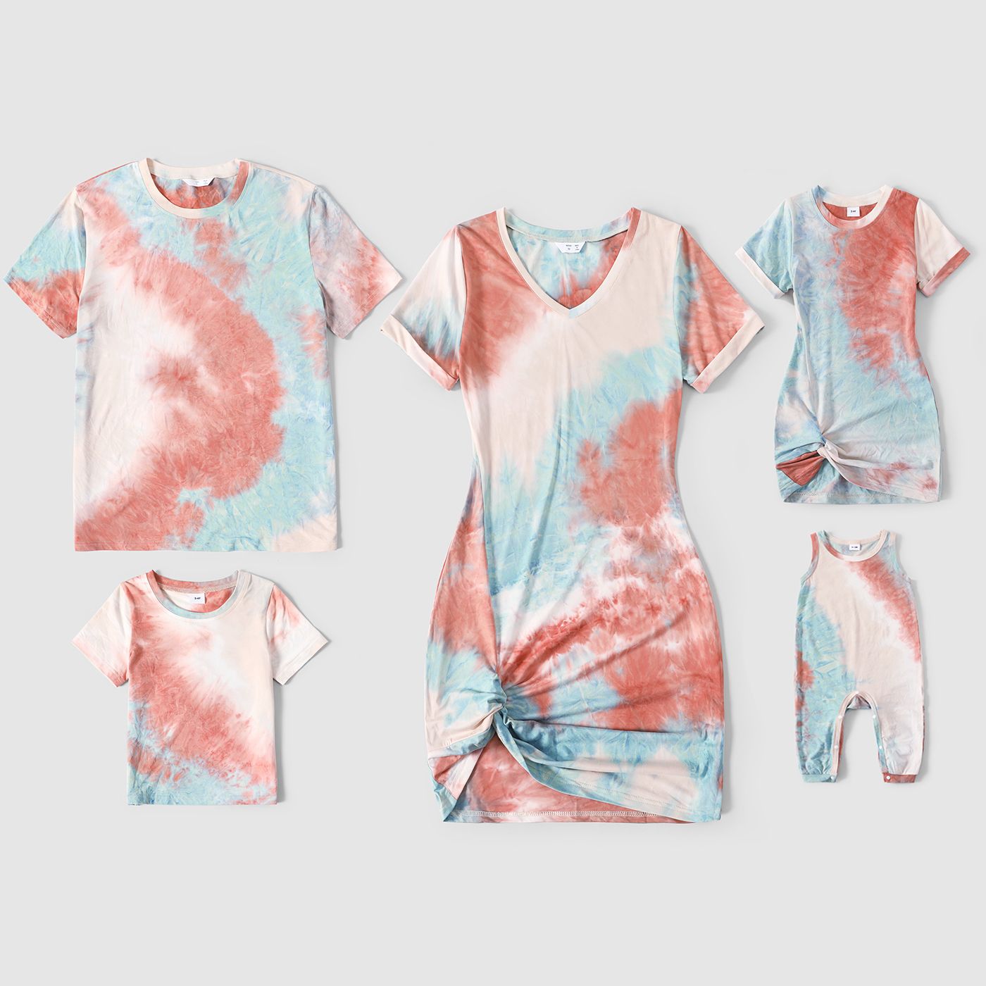 Family Matching Tie Dye Short-sleeve Twist Knot Bodycon Dresses And T-shirts Sets