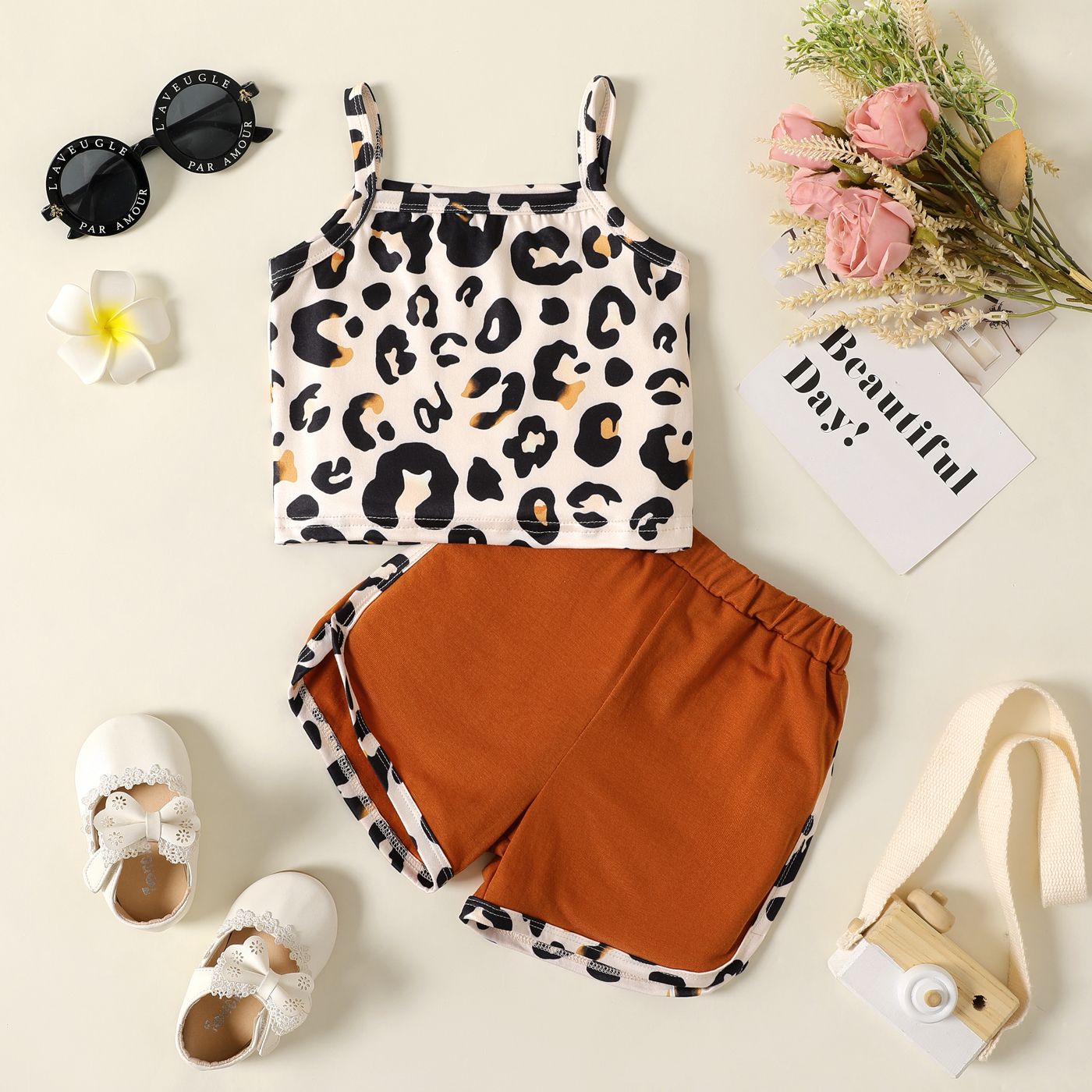 

2pcs Baby Girl Leopard Cami Top and Shorts Set