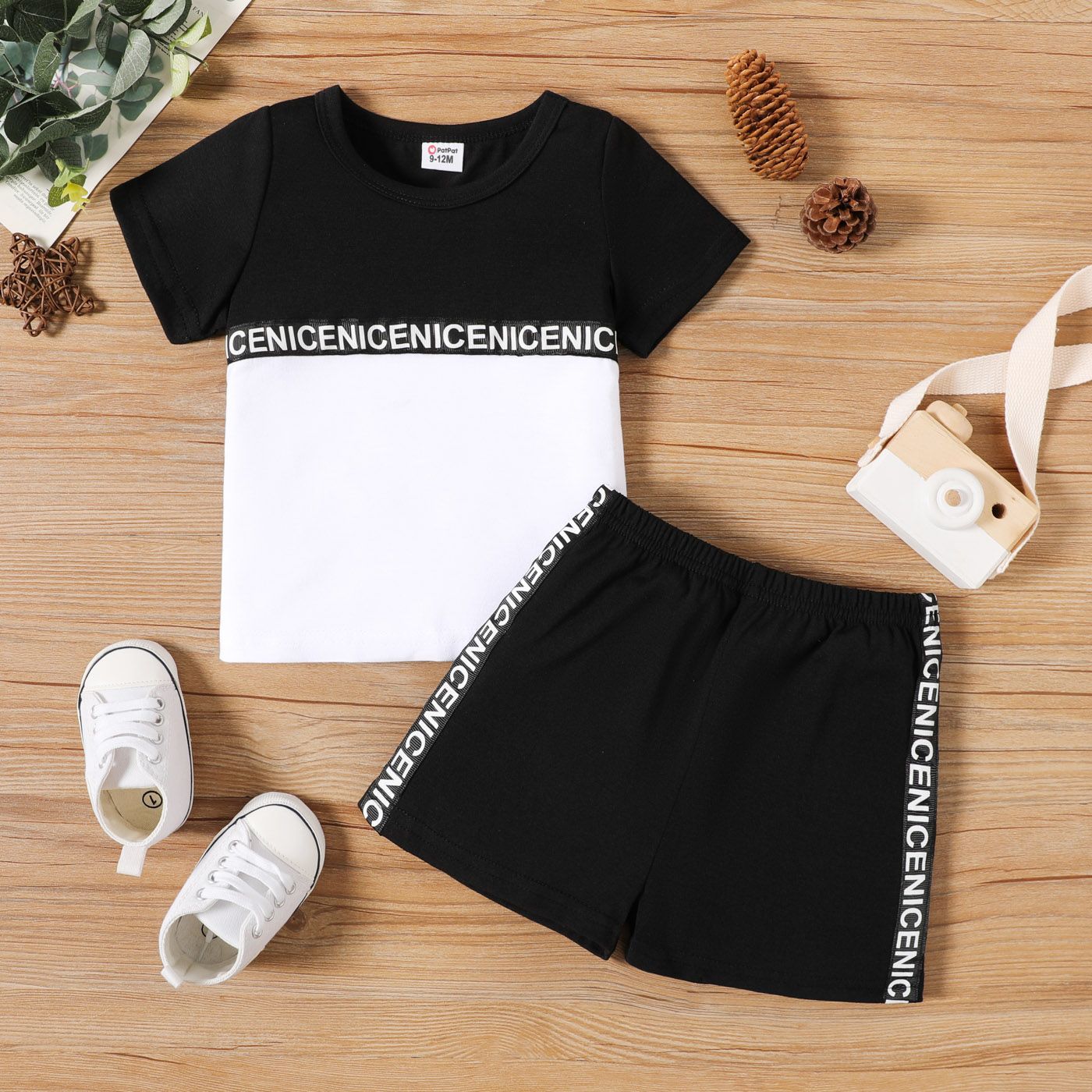 

2pcs Baby Boy Letter Print Colorblock Short-sleeve T-shirt and Shorts Set