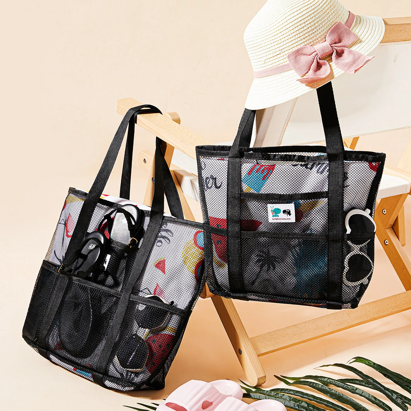 Portable Mesh Shoulder Tote Bag Travel Beach Bag for Mom and Me  image 1
