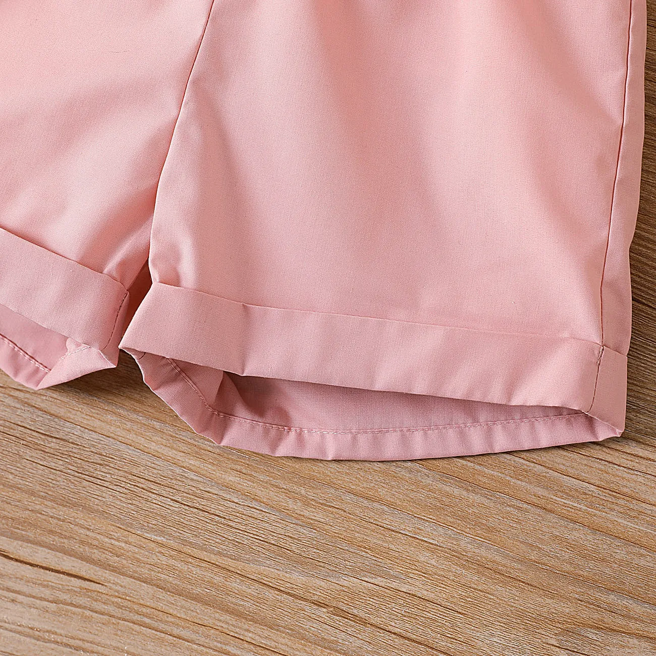 2pcs Baby Girl Keyhole Back Halter Top and Roll Up Hem Shorts Set Pink big image 1