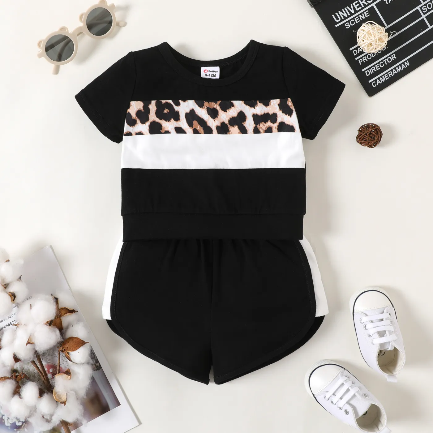 

2pcs Baby Girl 95% Cotton Short-sleeve Leopard Colorblock T-shirt and Shorts Set