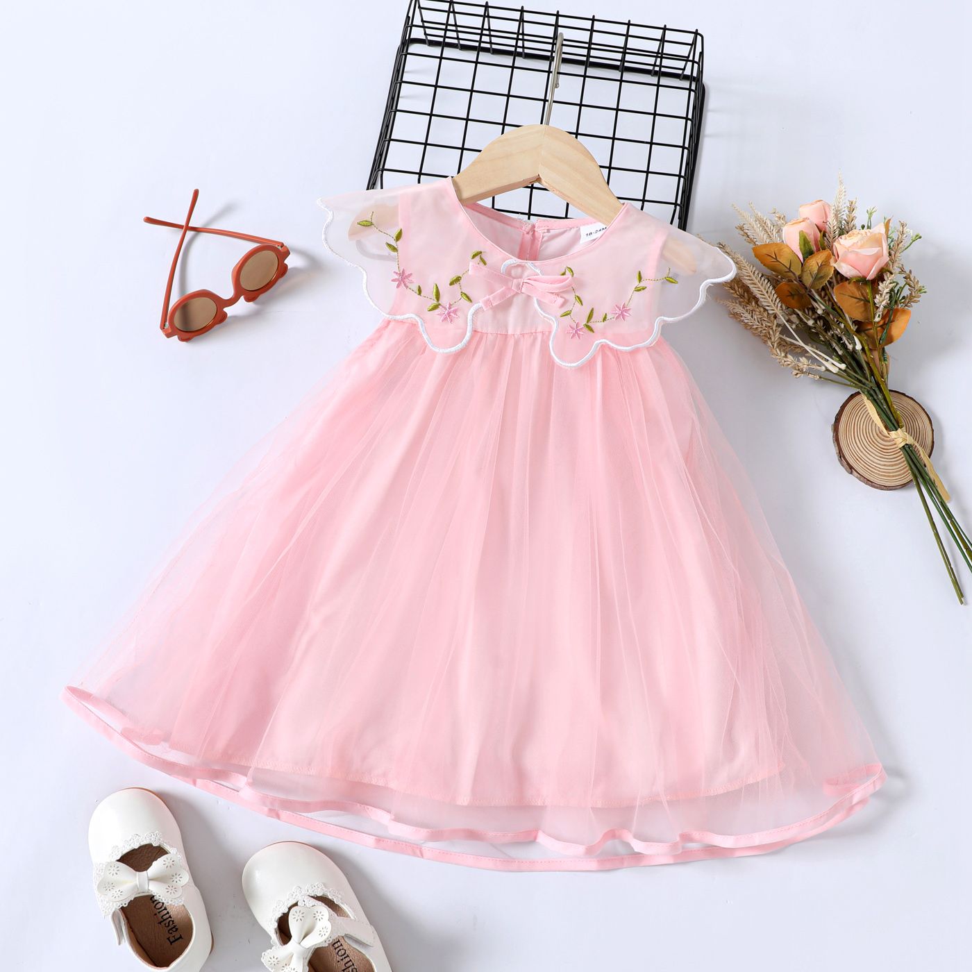 

Dress Like Wind Toddler Girl Floral Embroidered Doll Collar Mesh Layered Sleeveless Pink Dress