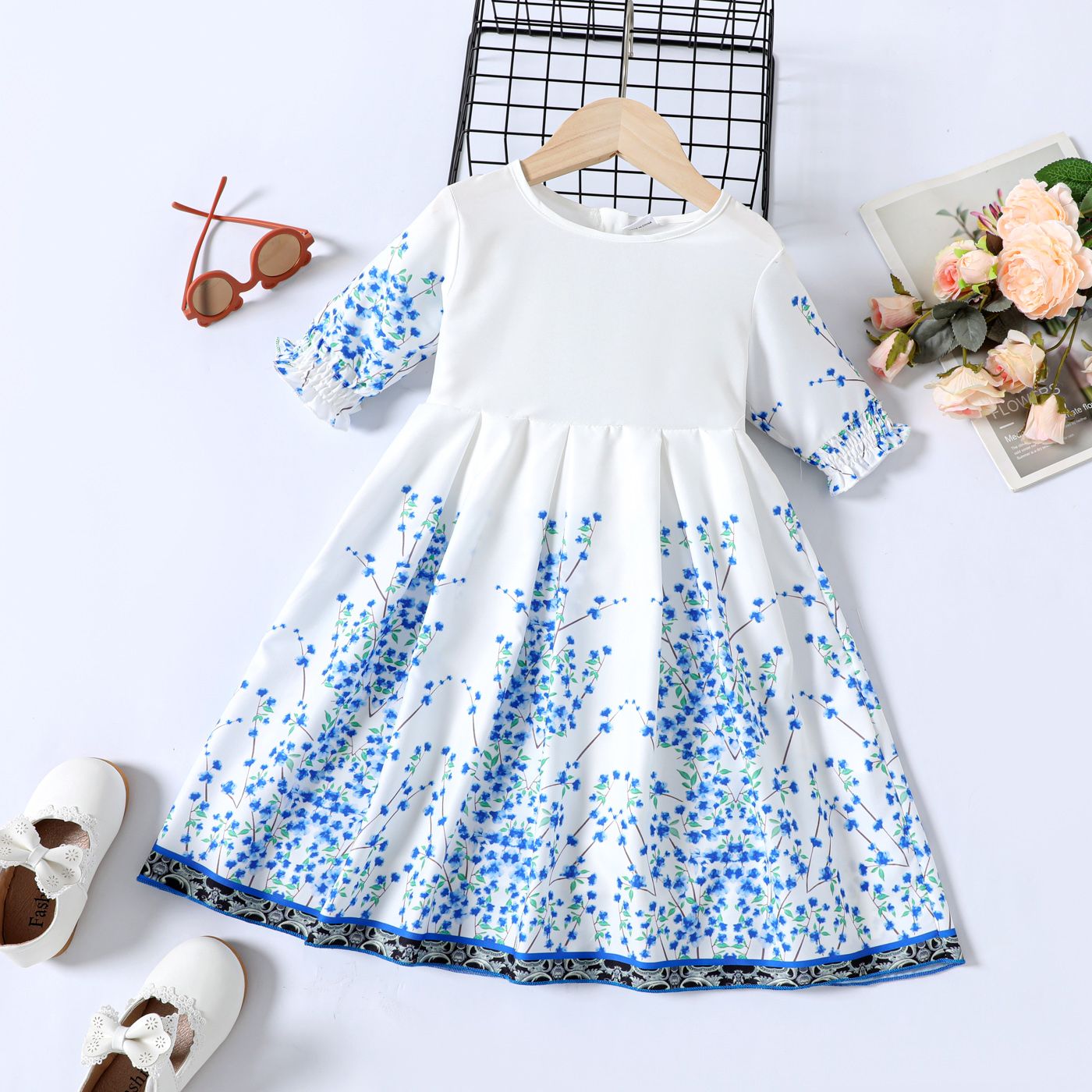 

Ethnic Style Toddler Girl Floral Short-sleeve Blue and White Dress