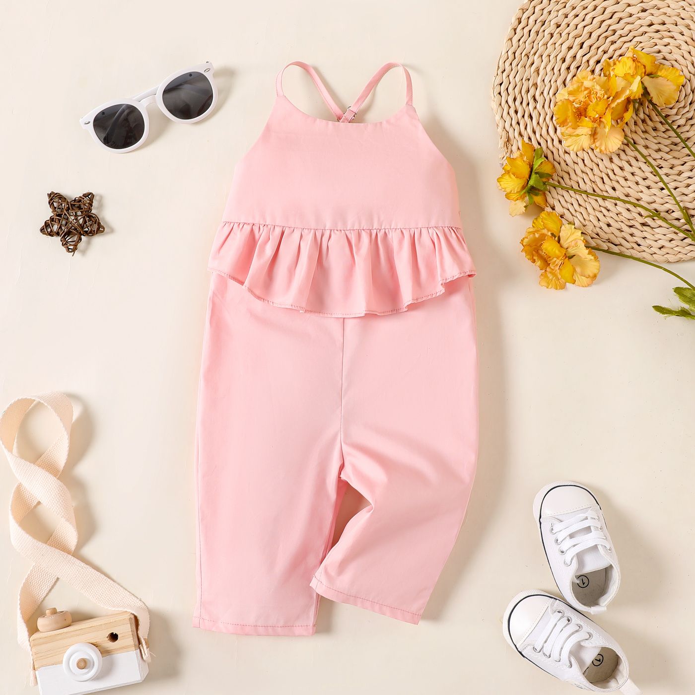 

100% Cotton Baby Girl Solid Ruffle Trim Cami Jumpsuit