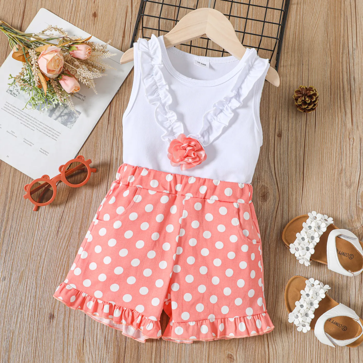 

Mini Lady Toddler Girl 2pcs 100% Cotton 3D Floral and Ruffle Decor Sleeveless White Tank Top and Polka Dots Pink Shorts Set