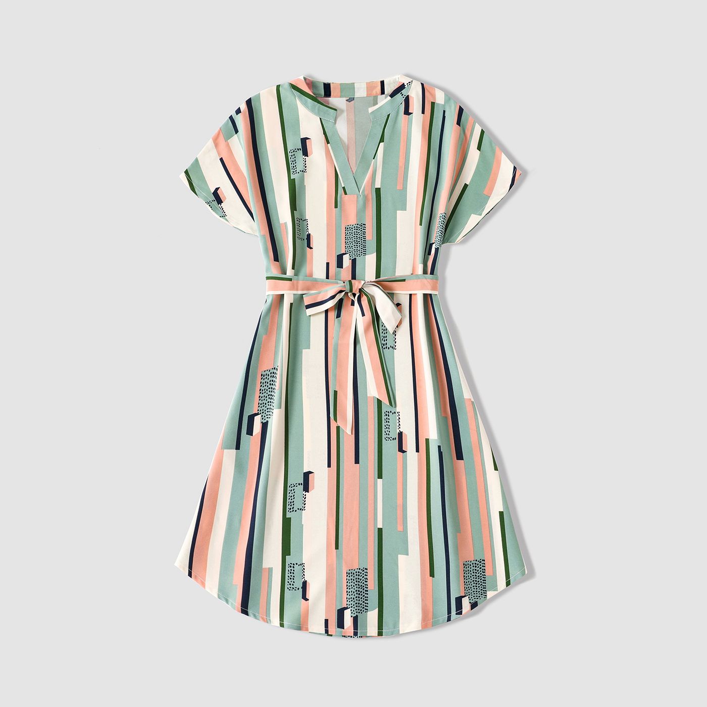 Family Matching Geometric Striped V Neck Drop Shoulder Belted Dresses And Colorblock Short-sleeve T-shirts Sets