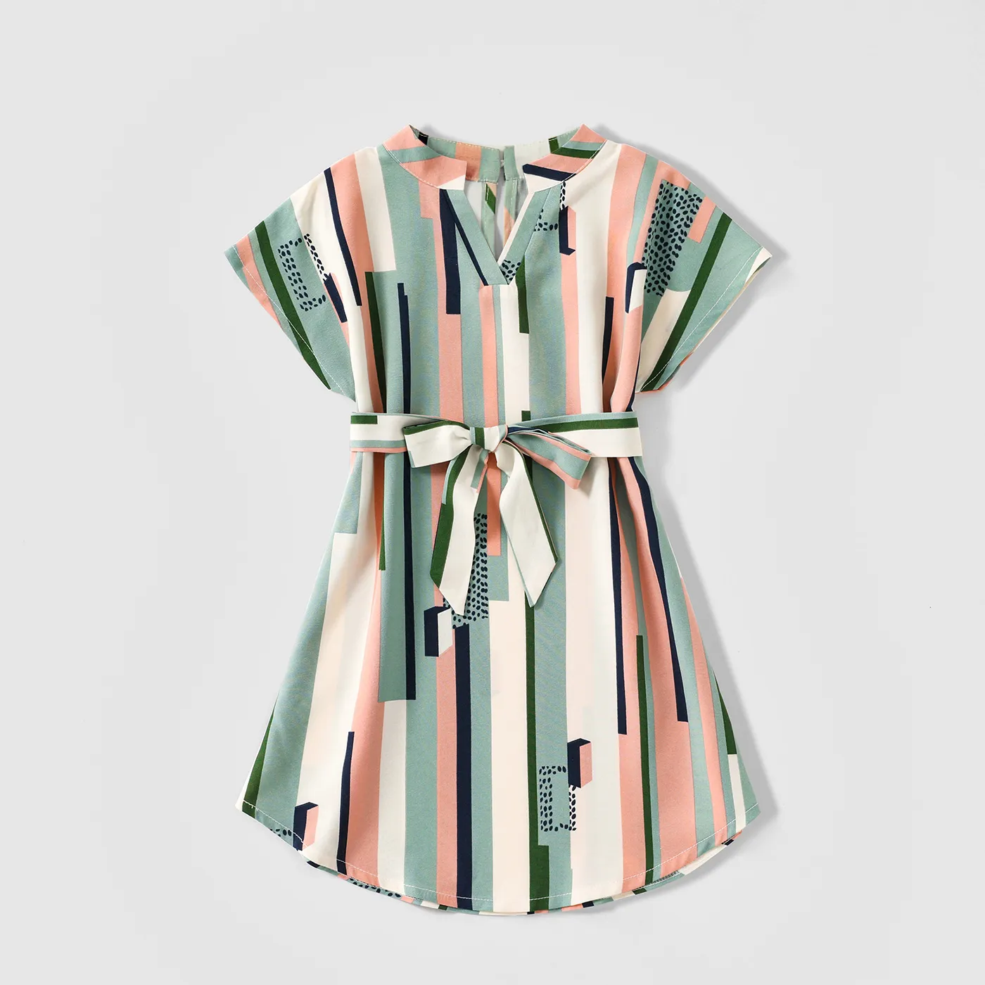 Family Matching Geometric Striped V Neck Drop Shoulder Belted Dresses and Colorblock Short-sleeve T-