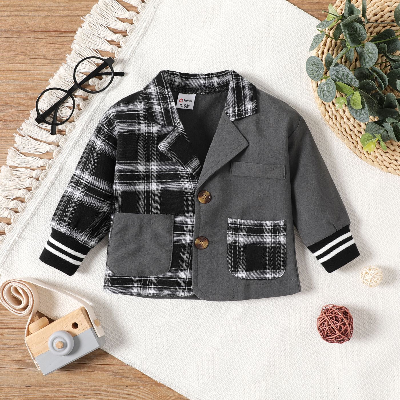 

Baby Boy Lapel Long-sleeve Plaid Spliced Blazer