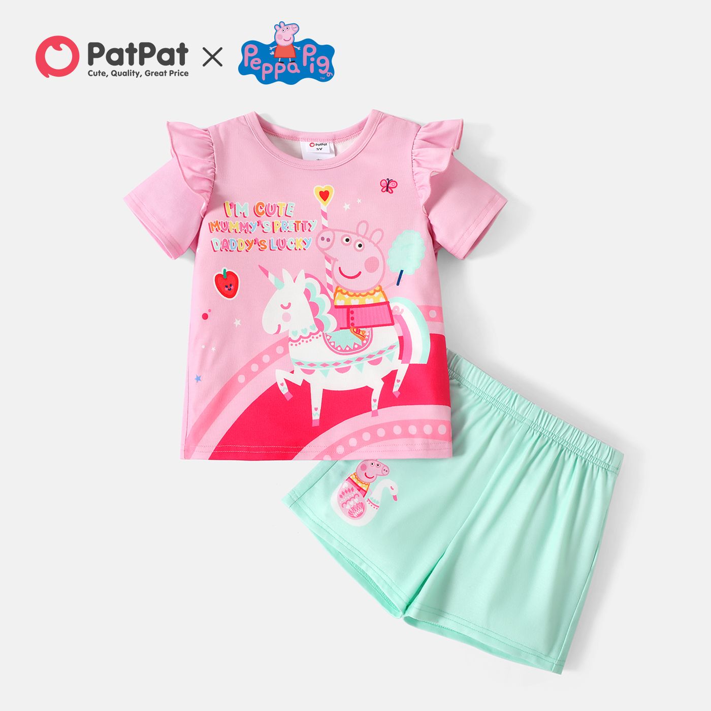 

Peppa Pig 2pcs Toddler Girl Unicorn Print Ruffled Short-sleeve Pink Tee and Elasticized Shorts Set