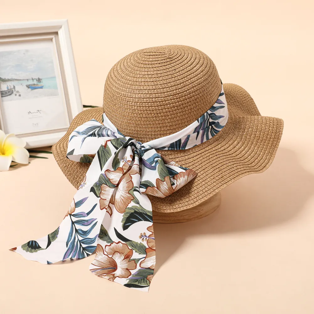 Floral Pattern Bow Decor Ruffled Straw Hat for Mom and Me  big image 1