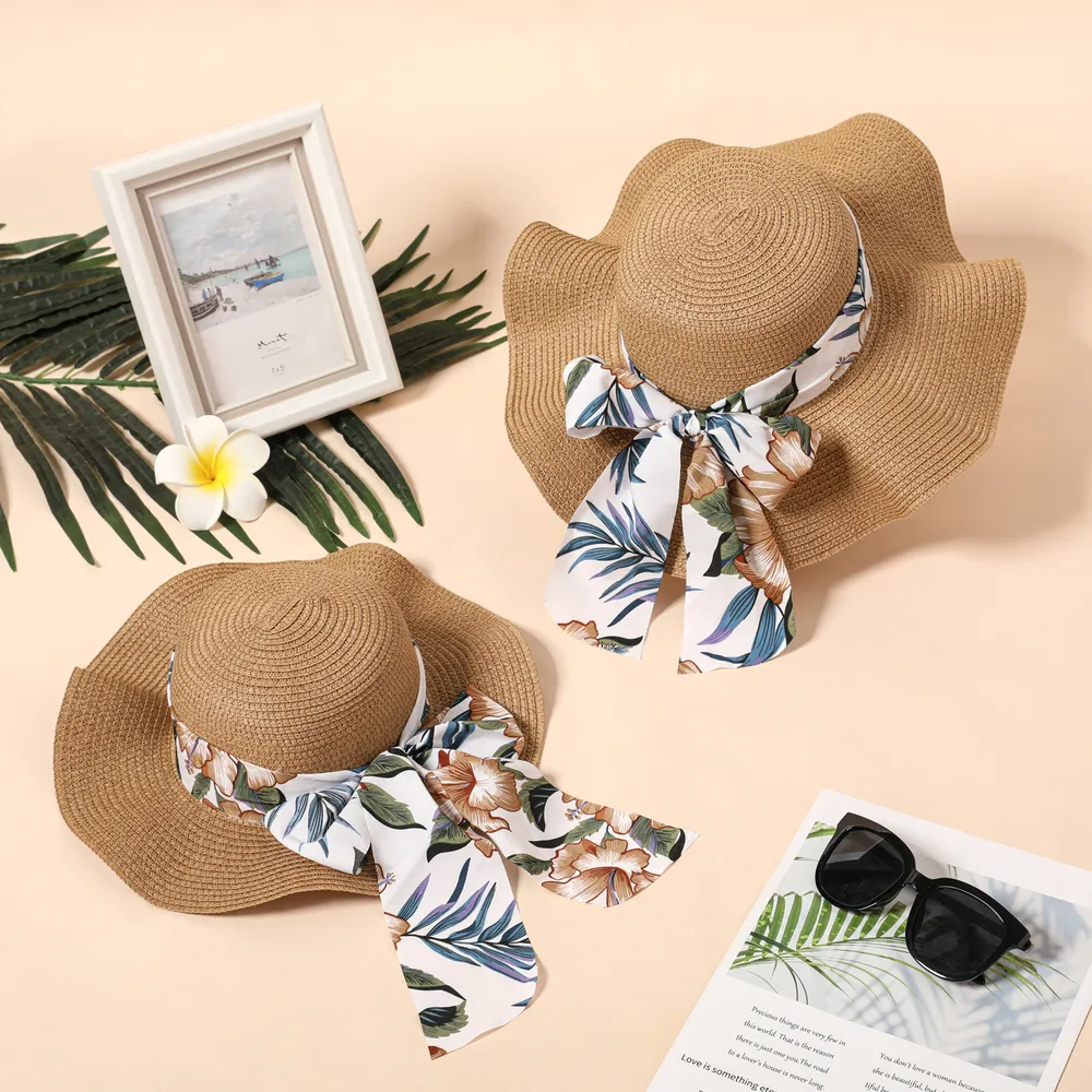 Floral Pattern Bow Decor Ruffled Straw Hat for Mom and Me  big image 2
