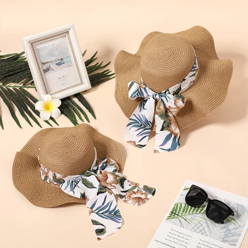Floral Pattern Bow Decor Ruffled Straw Hat for Mom and Me