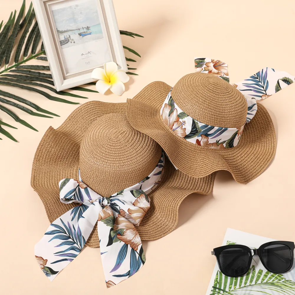 Floral Pattern Bow Decor Ruffled Straw Hat for Mom and Me  big image 3