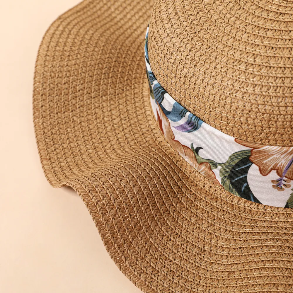 Floral Pattern Bow Decor Ruffled Straw Hat for Mom and Me big image 5