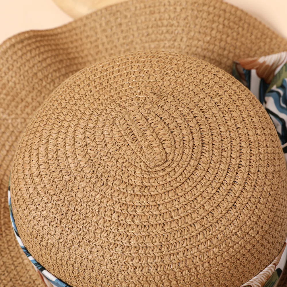 Floral Pattern Bow Decor Ruffled Straw Hat for Mom and Me big image 6