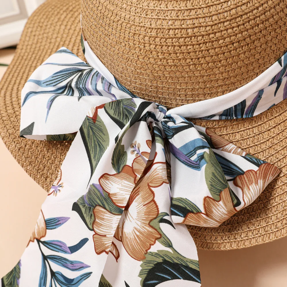 Floral Pattern Bow Decor Ruffled Straw Hat for Mom and Me big image 4