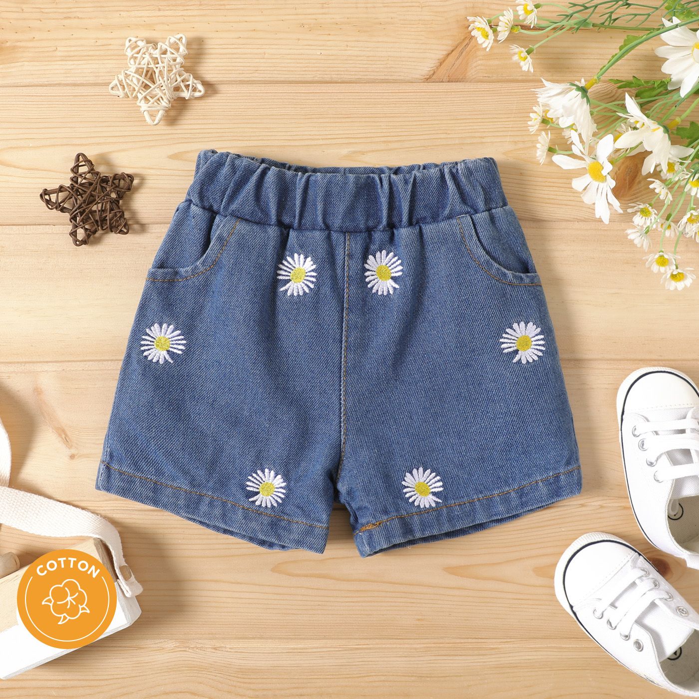 

100% Cotton Baby Boy/Girl Allover Daisy Embroidered Denim Shorts