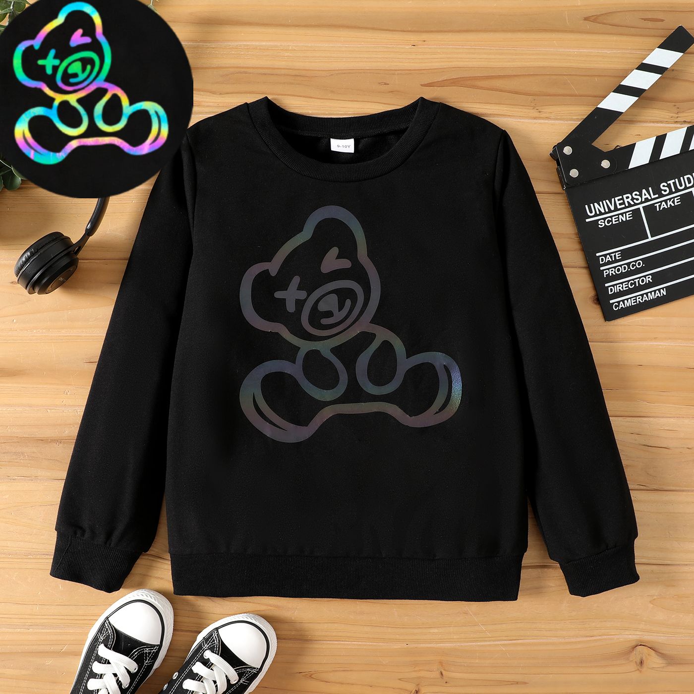 

Kid Boy Animal Bear Print Reflective Black Pullover Sweatshirt