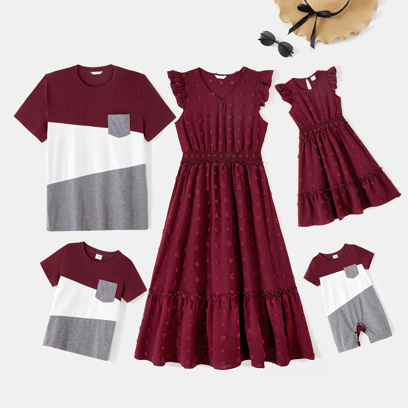 

Family Matching Solid Swiss Dot Frill Trim Flutter-sleeve Dresses and Colorblock Short-sleeve T-shirts Sets