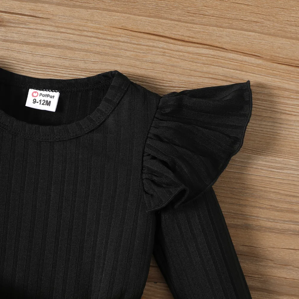 2pcs Baby Girl Rib Knit Ruffled Long-sleeve Top and Button Front Corduroy Skirt Set big image 3