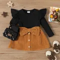 2pcs Baby Girl Rib Knit Ruffled Long-sleeve Top and Button Front Corduroy Skirt Set  image 1