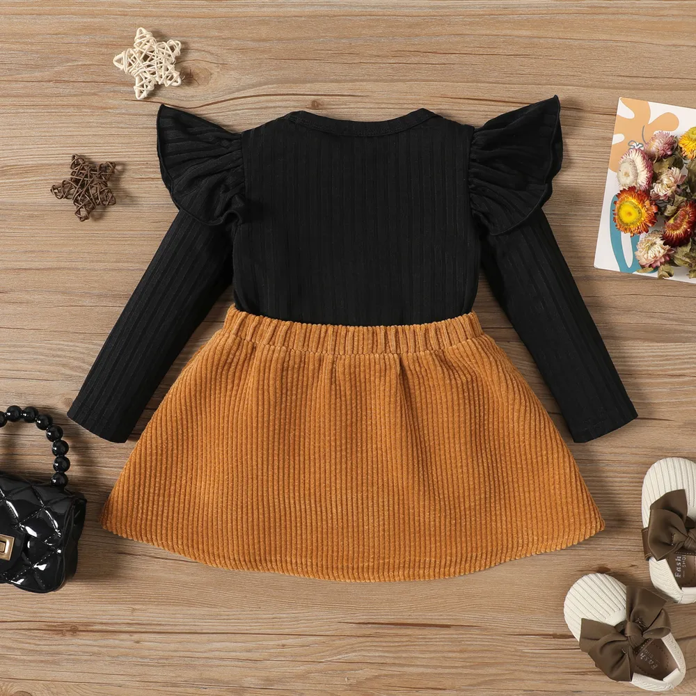 2pcs Baby Girl Rib Knit Ruffled Long-sleeve Top and Button Front Corduroy Skirt Set big image 2