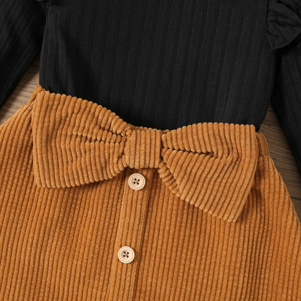 2pcs Baby Girl Rib Knit Ruffled Long-sleeve Top and Button Front Corduroy Skirt Set  big image 4