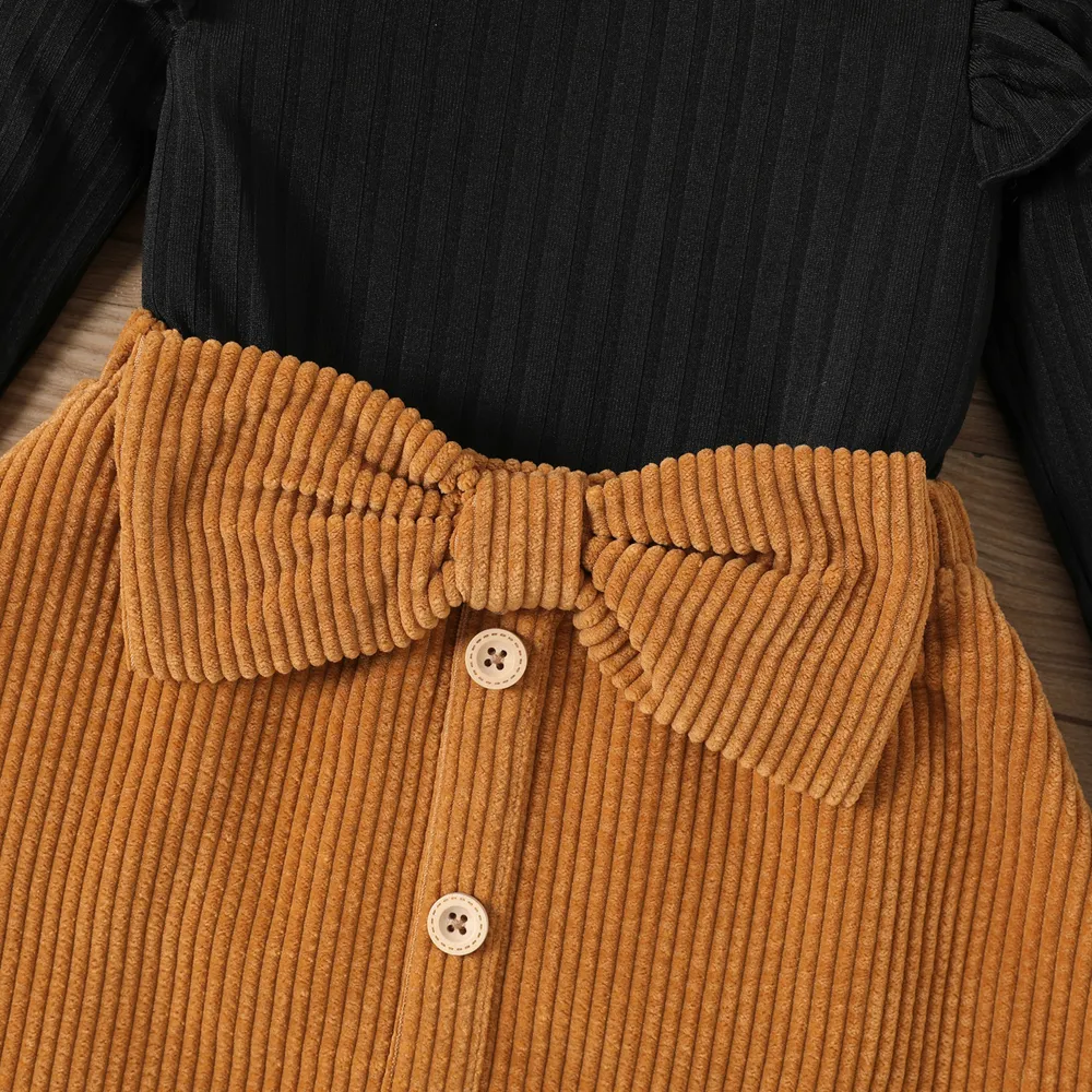 2pcs Baby Girl Rib Knit Ruffled Long-sleeve Top and Button Front Corduroy Skirt Set big image 4