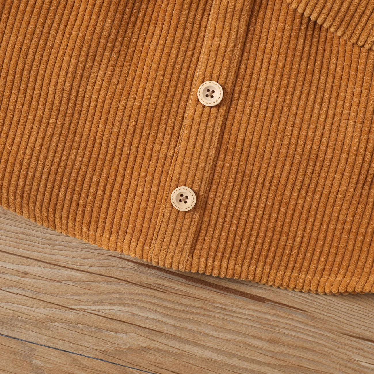 2pcs Baby Girl Rib Knit Ruffled Long-sleeve Top and Button Front Corduroy Skirt Set Khaki big image 1