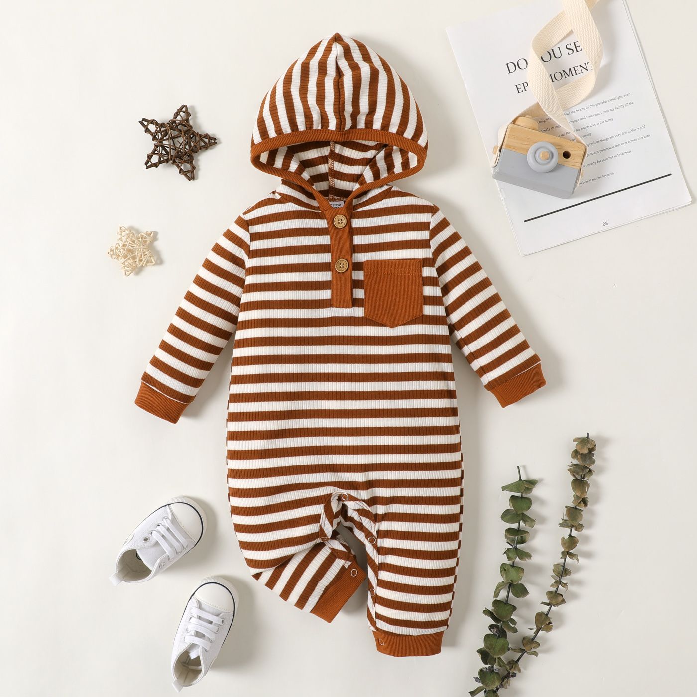 

Baby Boy Button Front Striped Rib Knit Long-sleeve Hooded Jumpsuit