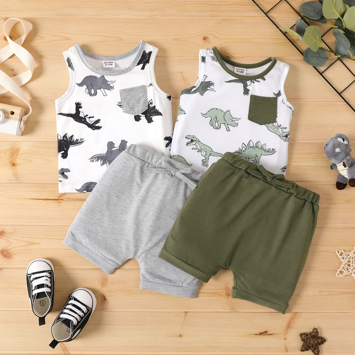 2pcs Baby Boy Allover Dinosaur Print Sleeveless Tank Top and Solid ...