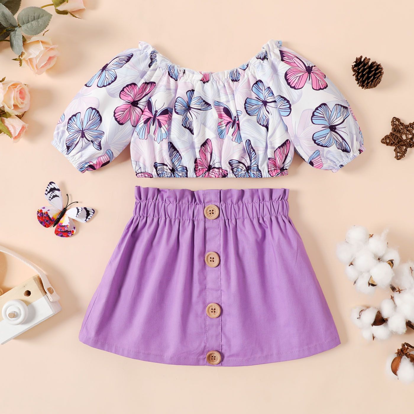 

2pcs Baby Girl 100% Cotton Skirt and Allover Butterfly Print Half-sleeve Crop Top Set