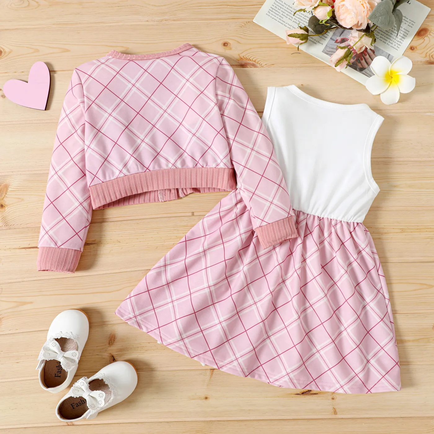 2-piece Toddler Girl Plaid Long-sleeve Coat Cardigan and Heart Sleeveless Tank Dress Set  image 2