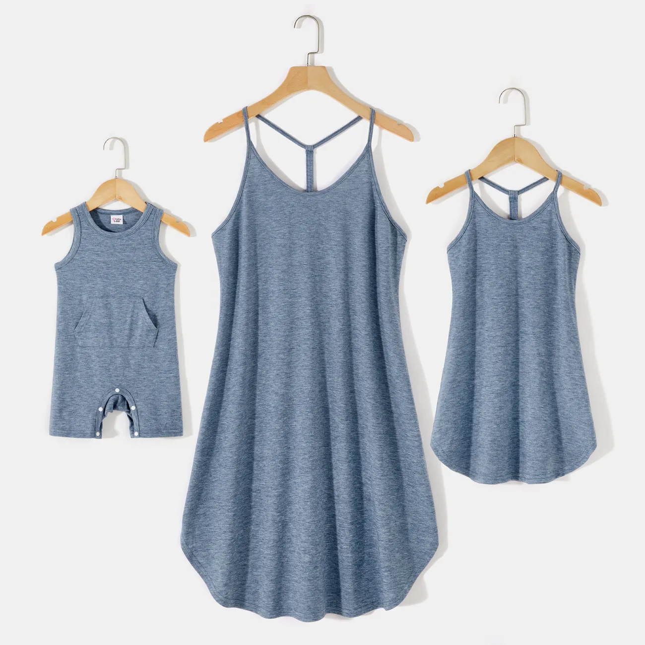 Solid 95% Cotton Slip Dress for Mom and Me Blue big image 1