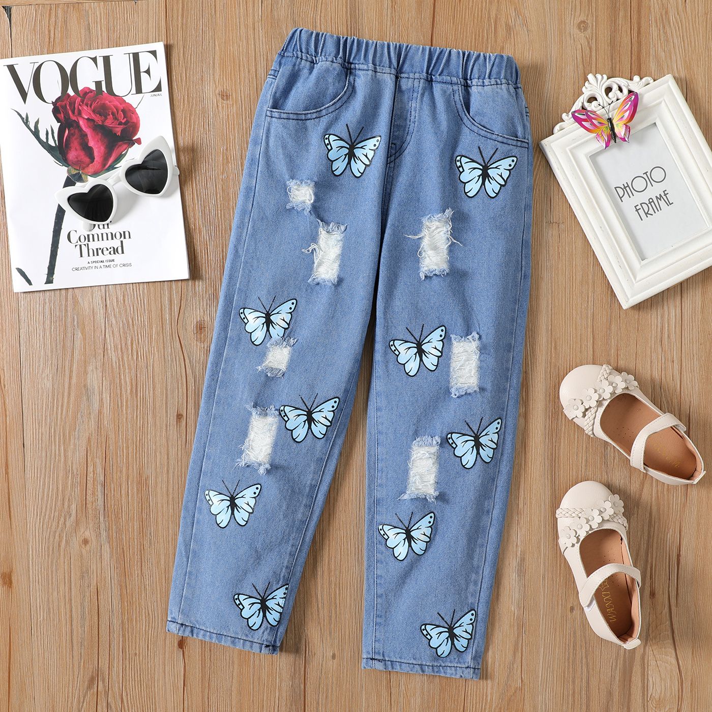 

Kid Girl Butterfly Print Straight Ripped Denim Jeans