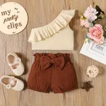 2pcs Baby Girl Solid One Shoulder Sleeveless Ruffle Top and Bloomers Shorts Set Apricot