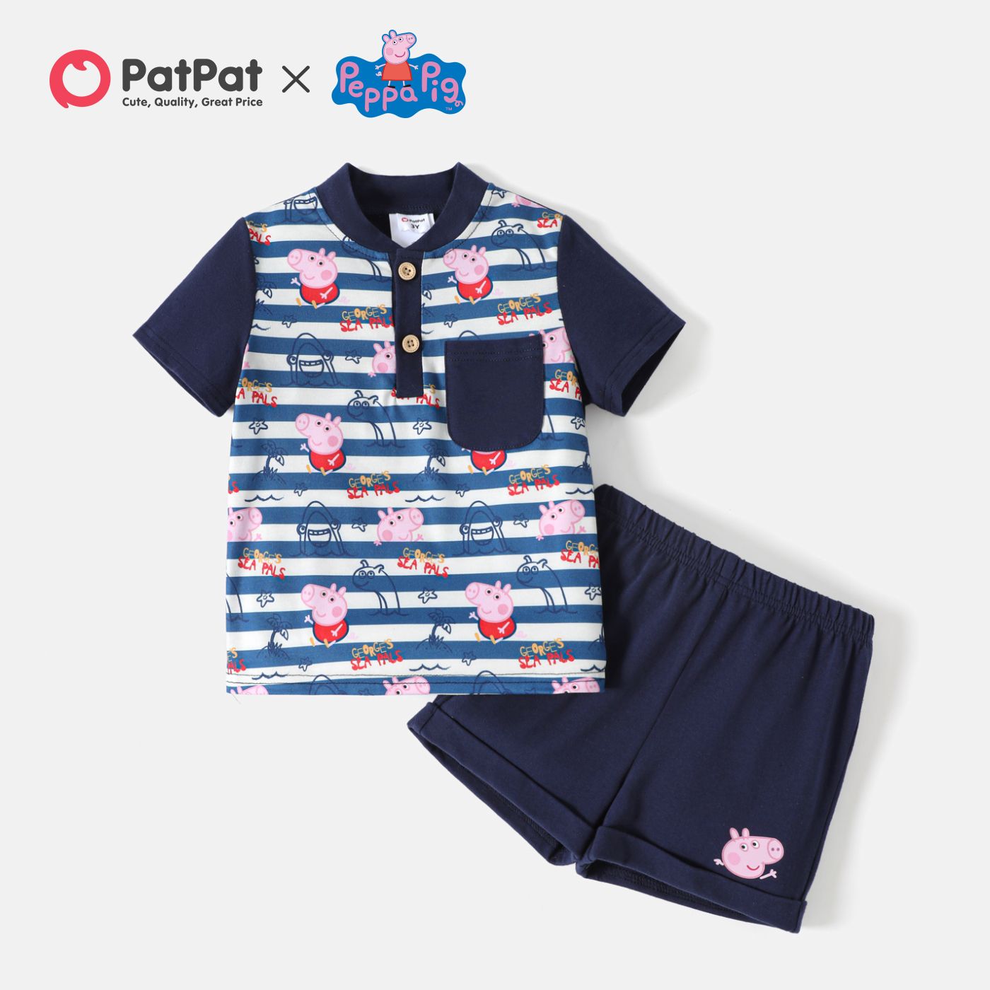 

Peppa Pig 2pcs Toddler Boy Stripe Button Design Short-sleeve Cotton Tee and Deep Blue Shorts Set