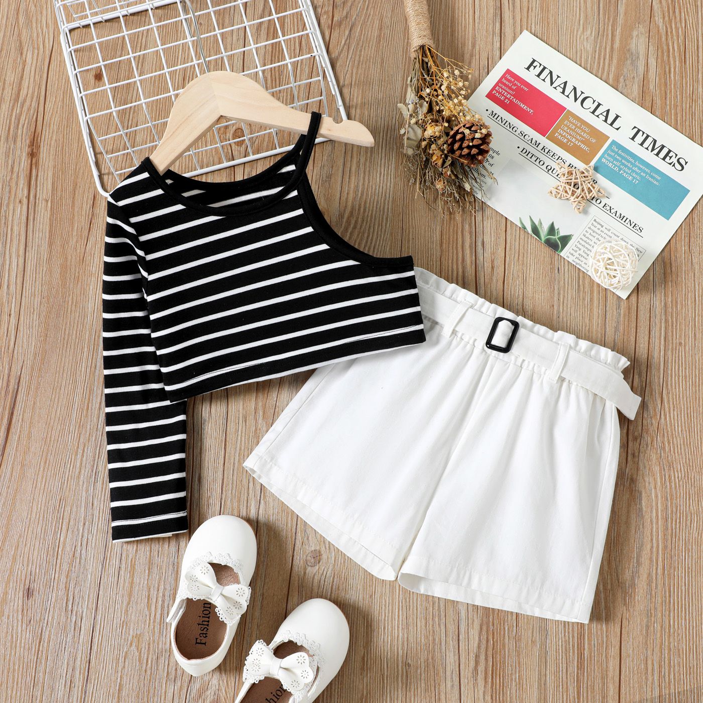 

2pcs Toddler Girl Stripe One Shoulder Long-sleeve Tee and Belted White Shorts Set