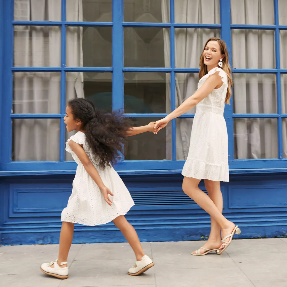 100% Cotton White Hollow-Out Floral Embroidered Ruffle Sleeveless Dress for Mom and Me big image 9