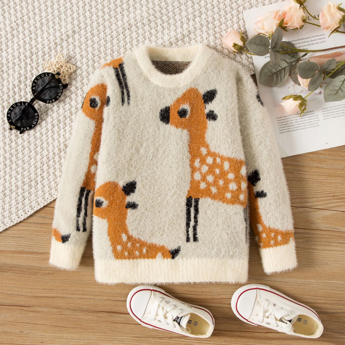 

Toddler Girl Animal Deer Pattern Mink Cashmere Knit Sweater