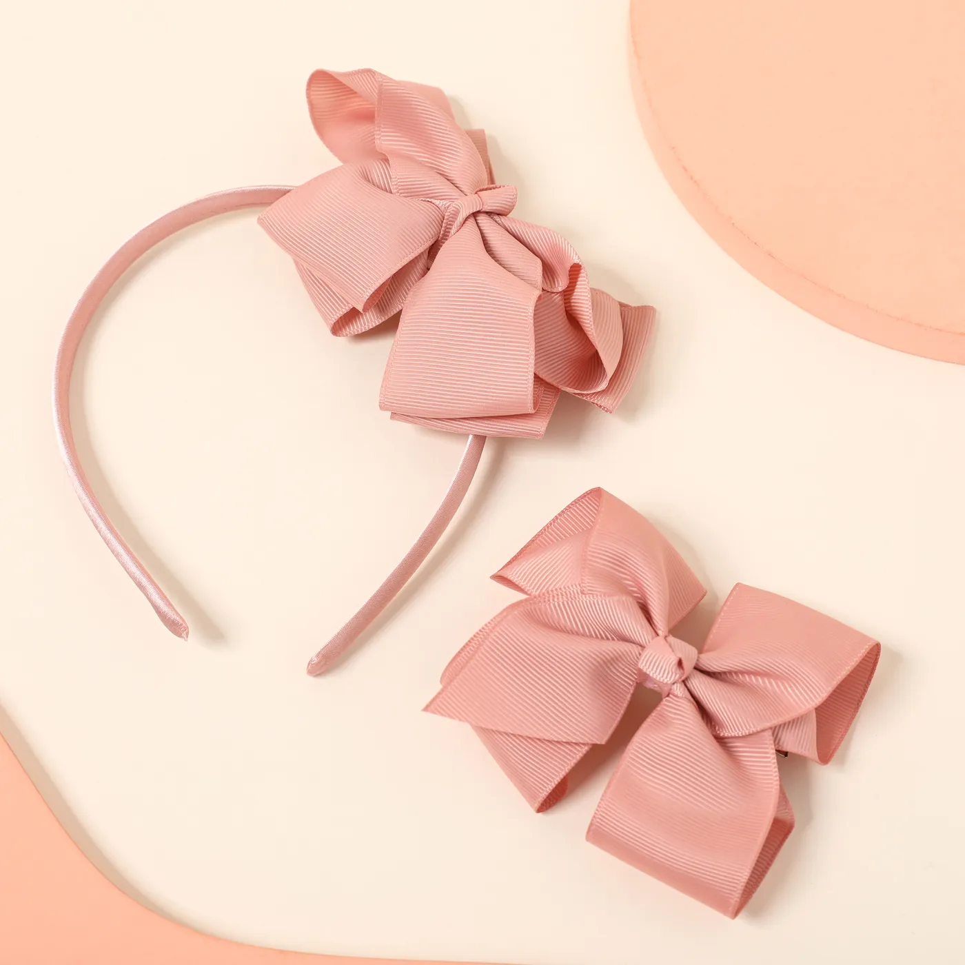 2-pack Ribbed Bow Hair Hoop and Hair Clip Set for Girls Rose Gold big image 1