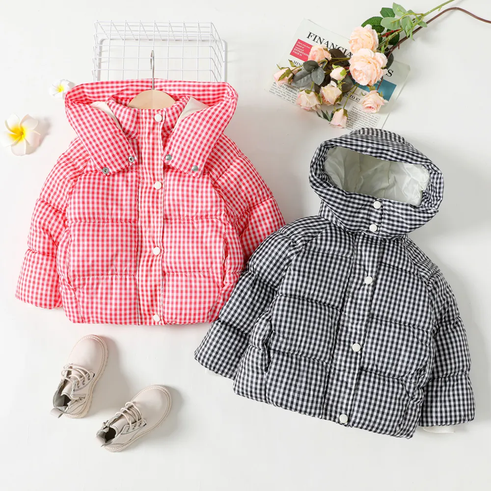 Toddler Girl Plaid Button Design Hooded Puffer Coat big image 6